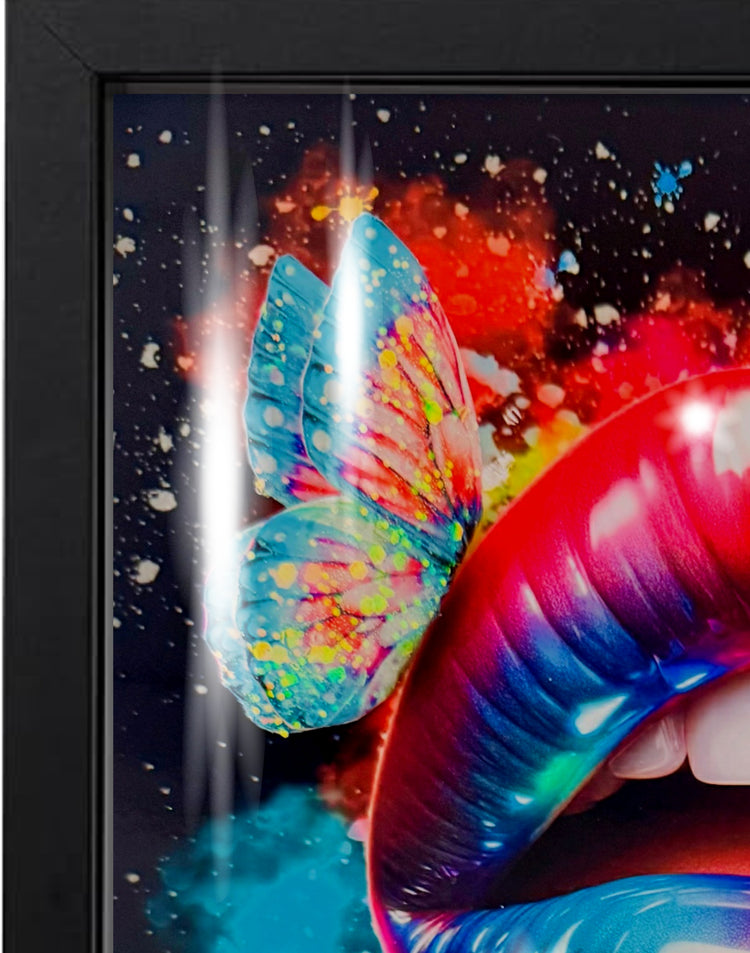 *Butterfly Kiss*. Vibrant lips with 3d butterflies modern colourful glitzy 3d picture.