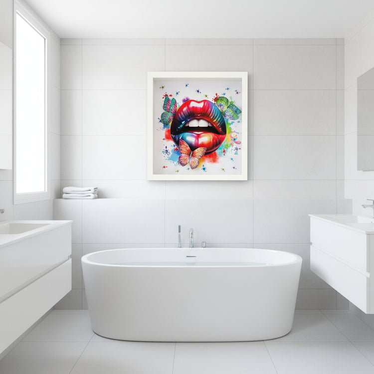 Colorful 3d artwork of lips and butterflies in a white frame