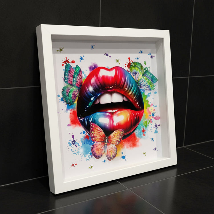 Butterfly Kiss.Framed artwork of colorful lips with 3d butterflies