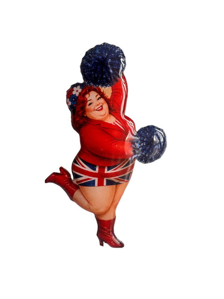 cheerleader with pom-poms and a Union Jack