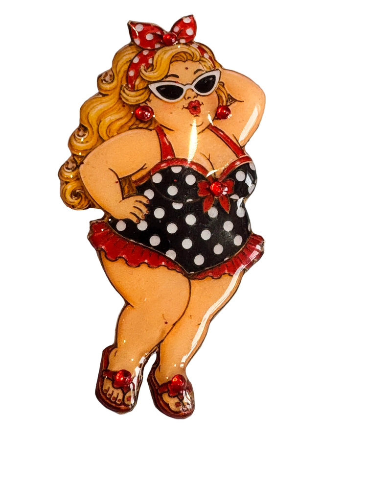 chubby blonde woman in Polka dot swimsuit pin brooch