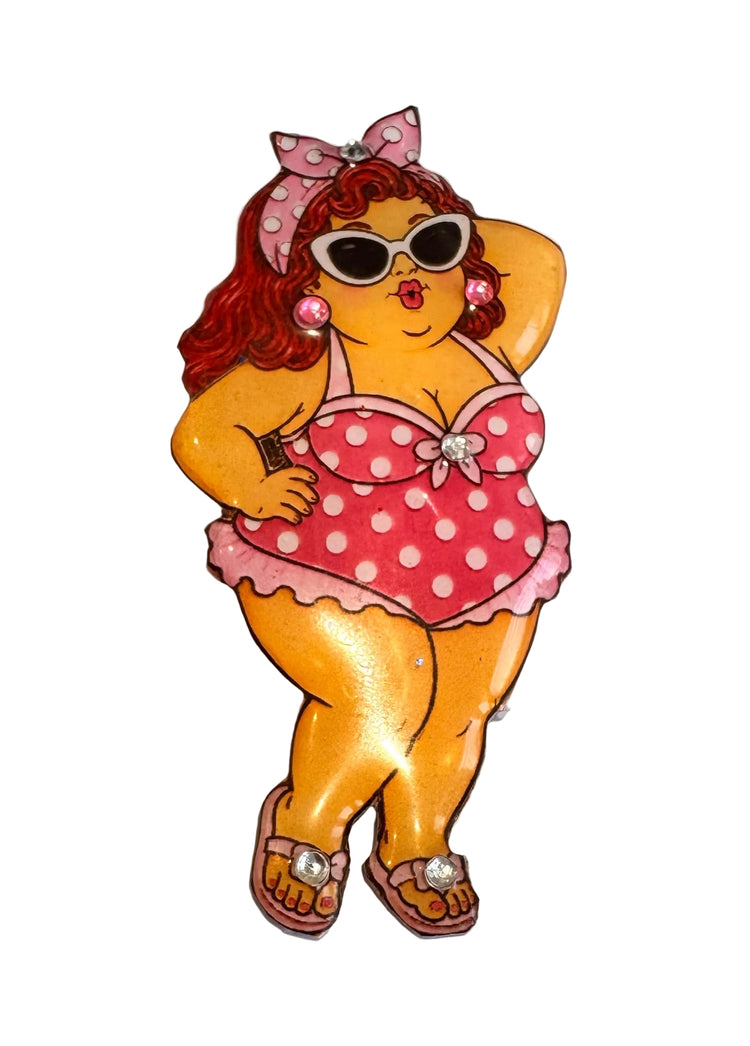 chubby woman in Polka dot swimsuit pin brooch