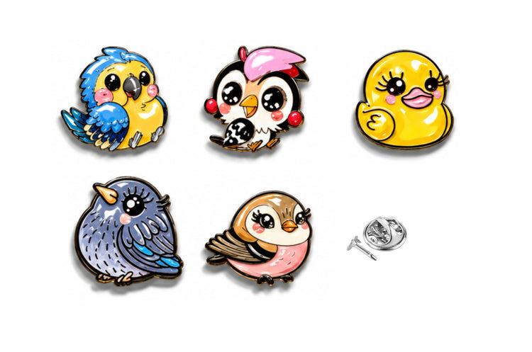 Collection of colorful handmade birds enamel pin