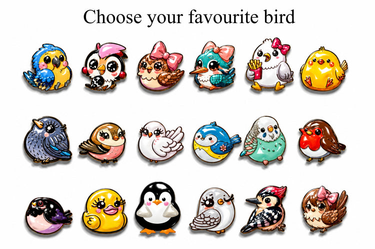 Collection of colorful cartoon birds enamel pin