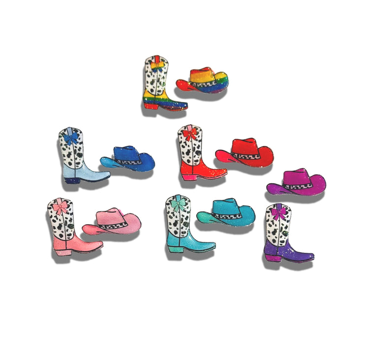Colourful cowboy boot and hat pins. Rainbow Gay Pride