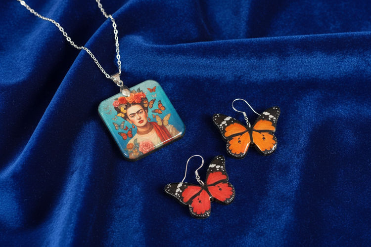 Freida Kahlo Jewellery set with a necklace and earrings featuring butterfly designs