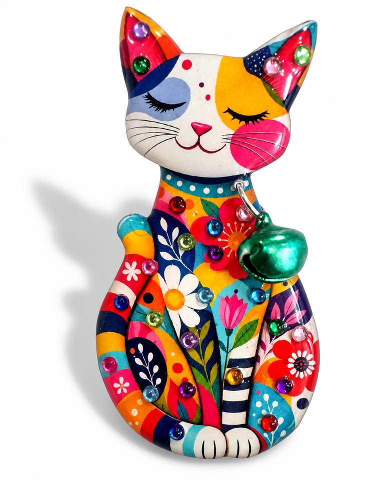 groovy multi-coloured retro cat brooch