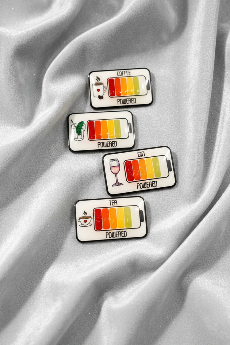 Coffee, tea, gin, wine, creativity powered pin, battery powered novelty pins