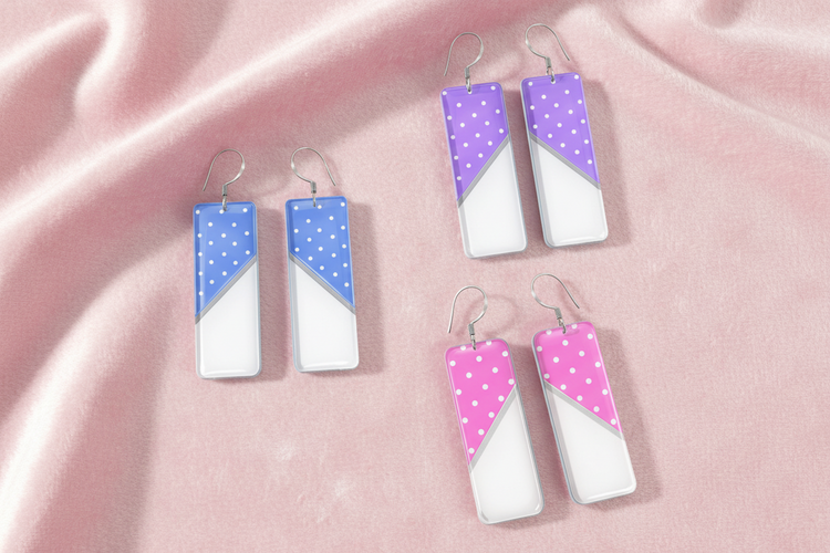 Polka Dot long drop earrings. Handmade jewellery by Flutterframes. In lilac, pink and blue