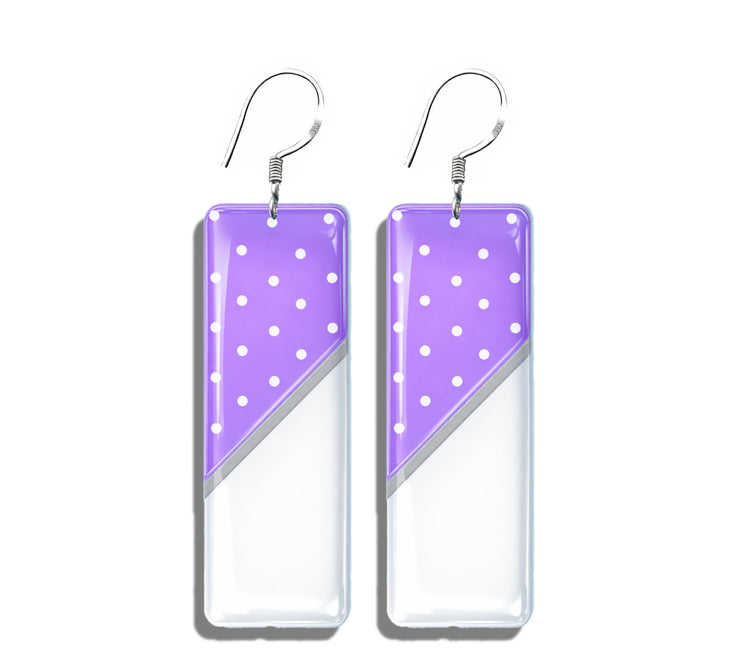 lilac Polka Dot long drop earrings.