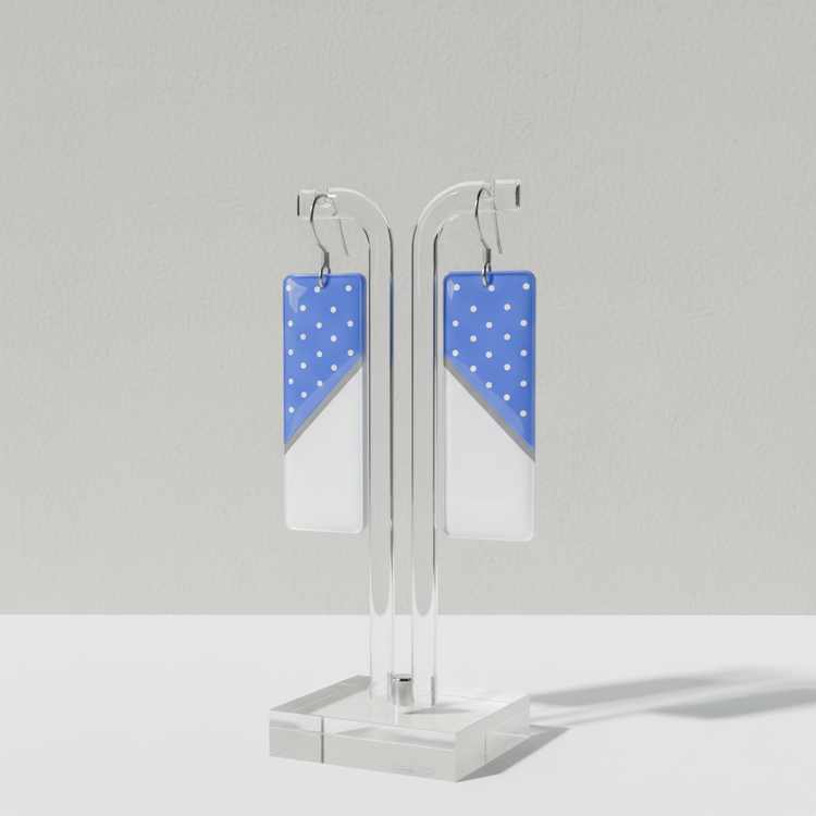blue polka dot long drop earrings