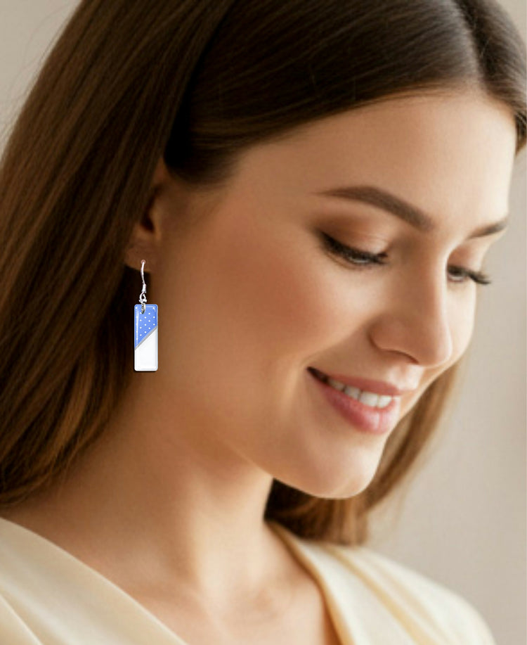 blue Polka Dot long drop earrings. Handmade with recycled tin cans