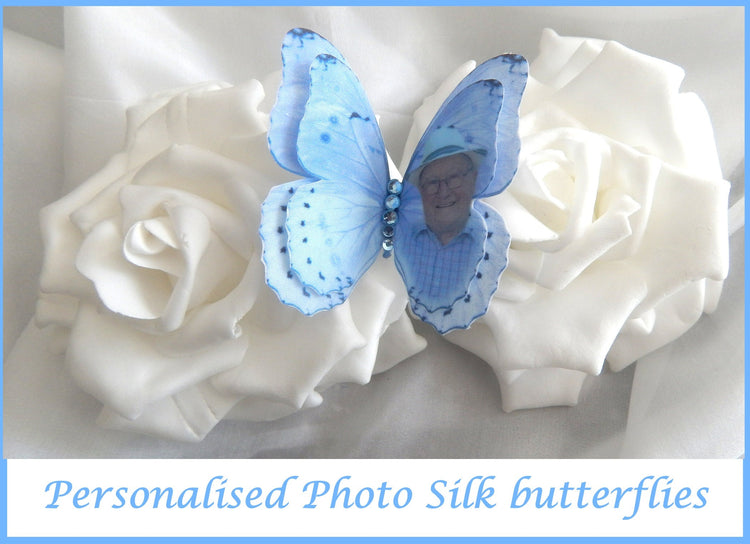 Personalised photo cotton Butterflies,hair accessory,funeral attire,for funeral flowers,hairclips bereavement.Unique personalised keepsake
