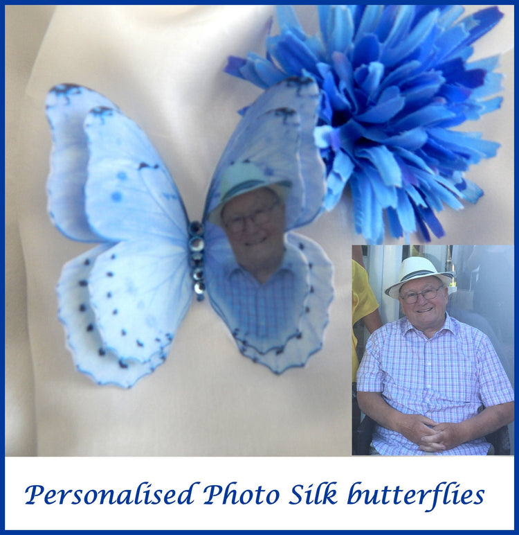 Personalised photo cotton Butterflies,hair accessory,funeral attire,for funeral flowers,hairclips bereavement.Unique personalised keepsake