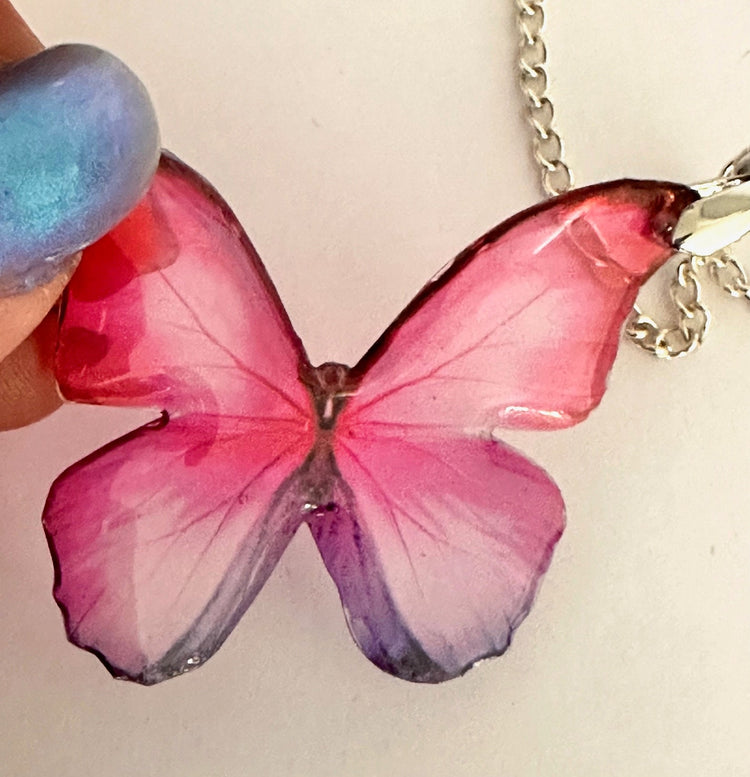 Pink butterfly pendant. They look like real butterflies.Pink butterfly Resin translucent butterfly necklace.Unique.Daughter, friend, gift