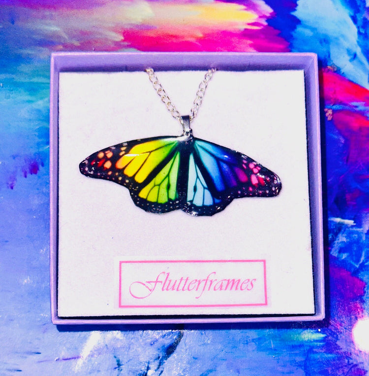 Rainbow, pride resin butterfly pendant drag queen
