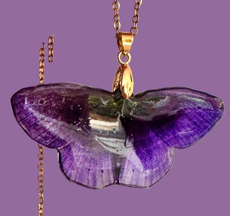 purple resin life like butterfly gold necklace chain