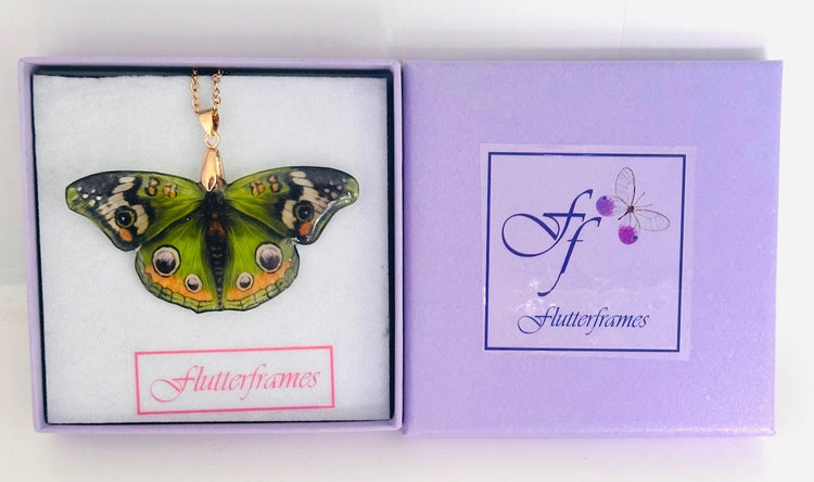 Green Monarch necklace, gift boxes resin