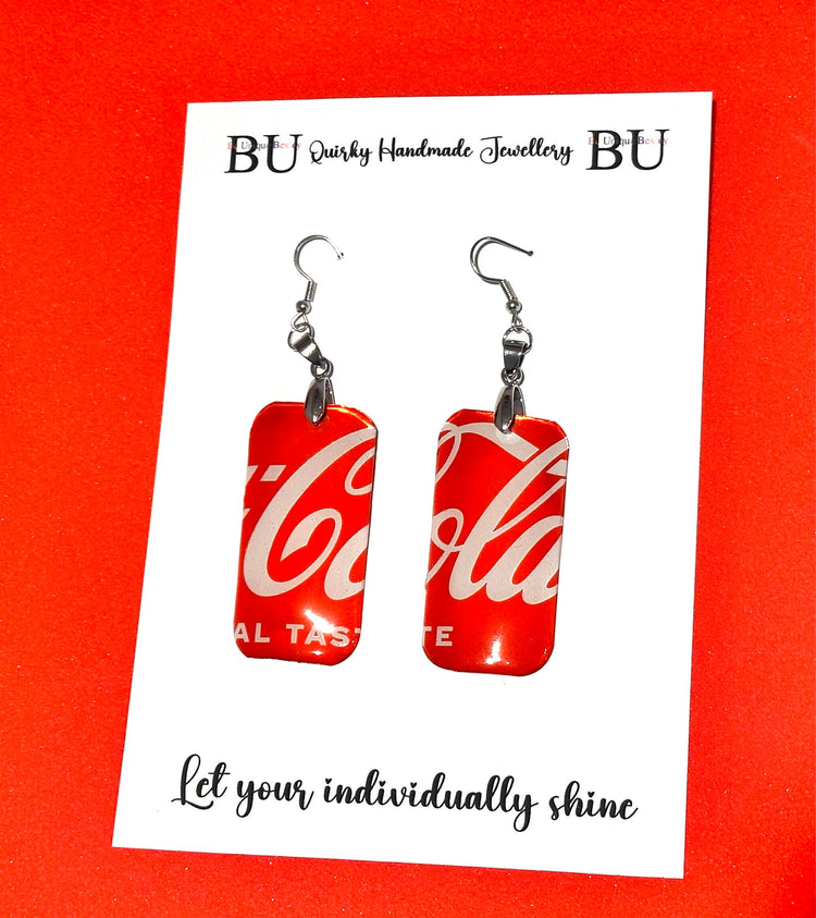 Coca-Cola Earrings, Recycled Coke Can Earrings, Tin Anniversary Gift, Quirky Statement Jewellery, Handmade Tin Can Earrings