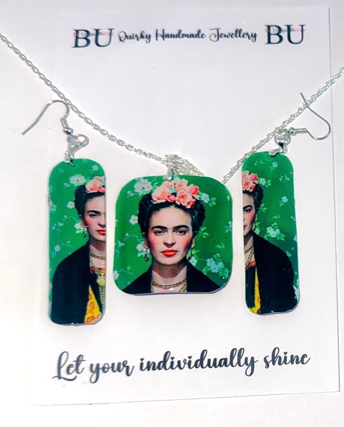 Freida Kahlo ,earrings and pendant set. Upcycled from tin cans. Tin anniversary gift. Recycled tin jewellery. Boho quirky gift