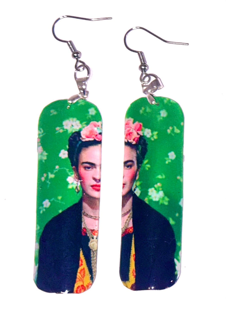 Freida Kahlo ,earrings and pendant set. Upcycled from tin cans. Tin anniversary gift. Recycled tin jewellery. Boho quirky gift