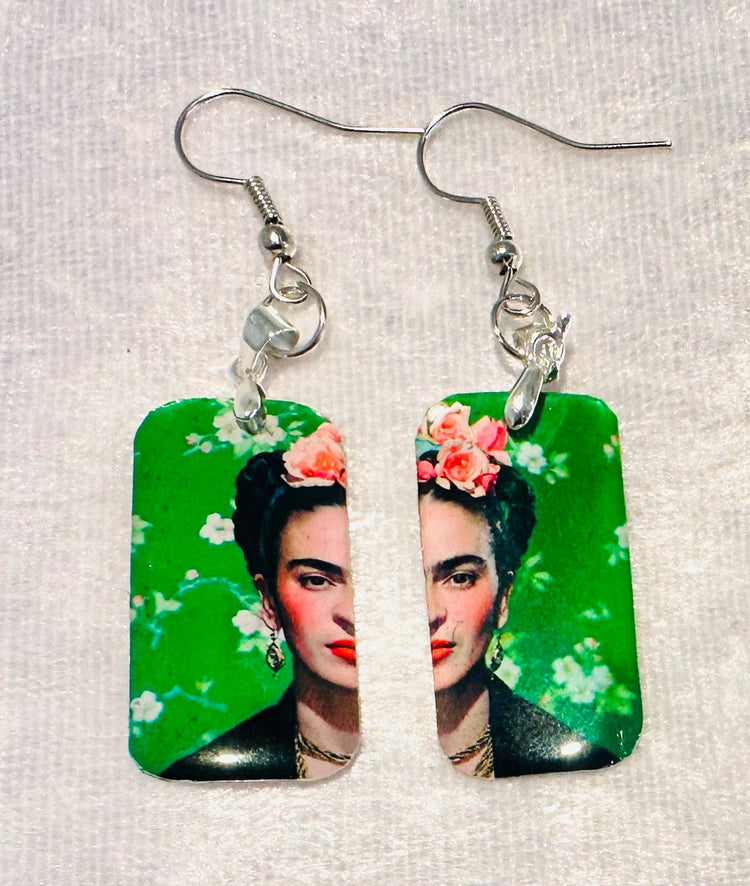 Freida Kahlo ,earrings and pendant set. Upcycled from tin cans. Tin anniversary gift. Recycled tin jewellery. Boho quirky gift