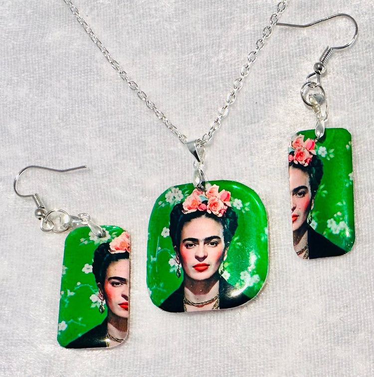 Freida Kahlo ,earrings and pendant set. Upcycled from tin cans. Tin anniversary gift. Recycled tin jewellery. Boho quirky gift