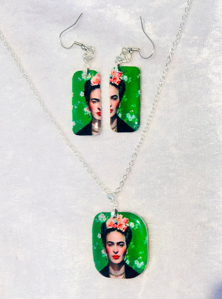 Freida Kahlo ,earrings and pendant set. Upcycled from tin cans. Tin anniversary gift. Recycled tin jewellery. Boho quirky gift