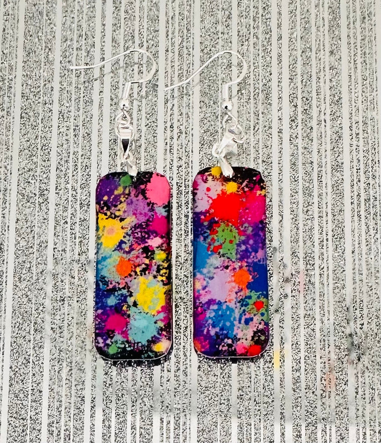Funky bright, rainbow burst statement drop earrings, anniversary, jewellery, hand crafted from tins. Retro Boho Gift. Tin can earrings
