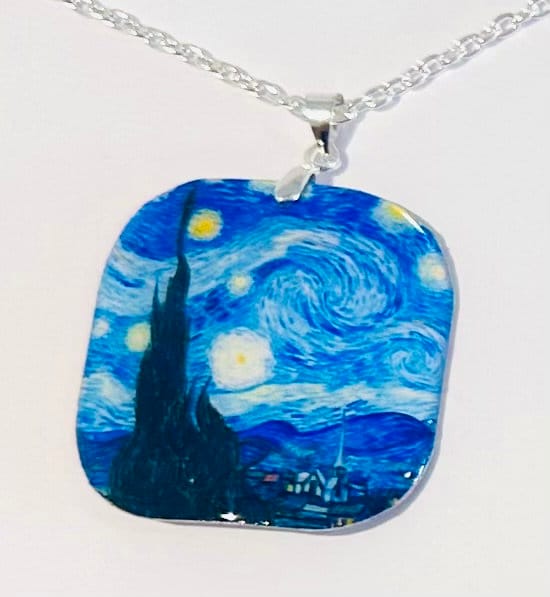 Starry Night earrings and pendant set.Upcycled tin can.Tin anniversary gift.Vincent Van Gogh.Waterproof Tin.made from recycled soda cans