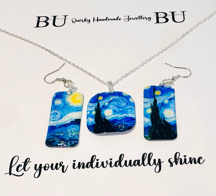 Starry Night earrings and pendant set.Upcycled tin can.Tin anniversary gift.Vincent Van Gogh.Waterproof Tin.made from recycled soda cans