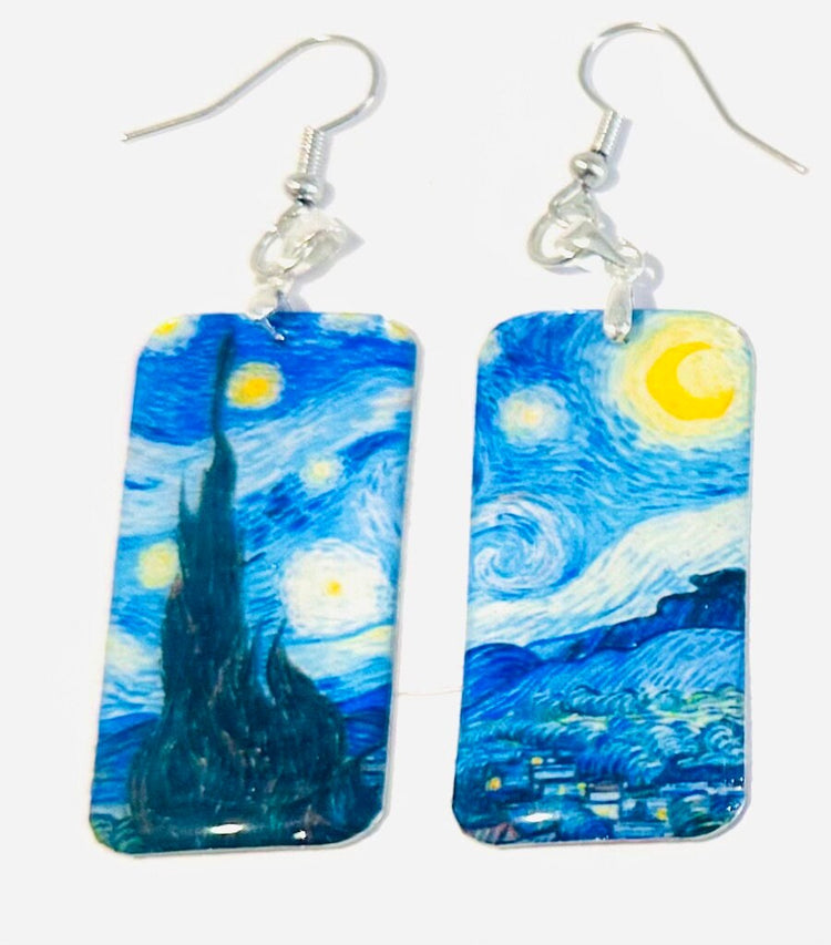 Starry Night earrings and pendant set.Upcycled tin can.Tin anniversary gift.Vincent Van Gogh.Waterproof Tin.made from recycled soda cans
