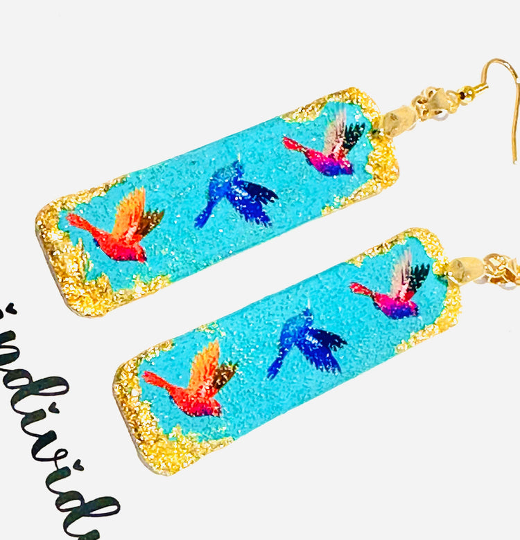 Humming bird and gold leaf earrings and pendant set. Upcycled tin can.Tin anniversary gift..Waterproof Tin.made from recycled soda cans