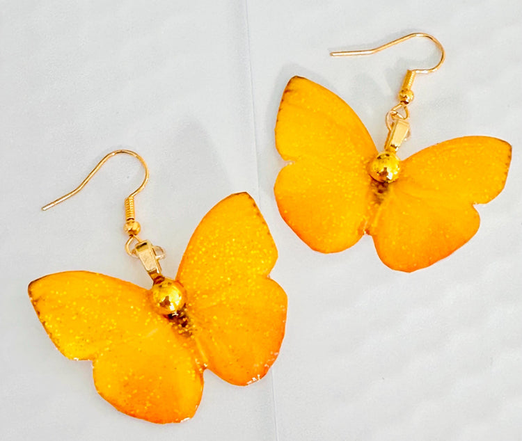 Orange Barred Sulphur Butterfly earrings. Yellow earring's with gold gem. Quirky yellow butterfly earrings. Unique to flutterframes.