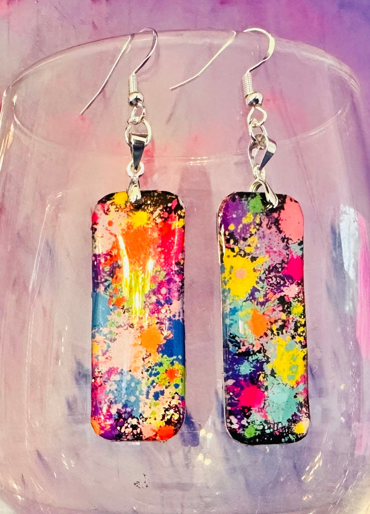 Funky bright, rainbow burst statement drop earrings, anniversary, jewellery, hand crafted from tins. Retro Boho Gift. Tin can earrings