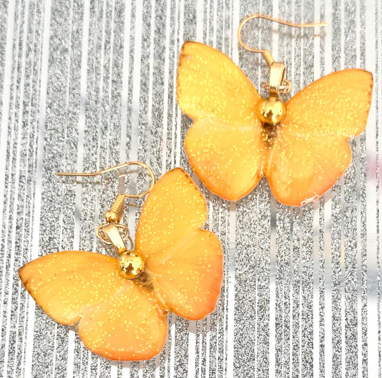 Orange Barred Sulphur Butterfly earrings. Yellow earring's with gold gem. Quirky yellow butterfly earrings. Unique to flutterframes.