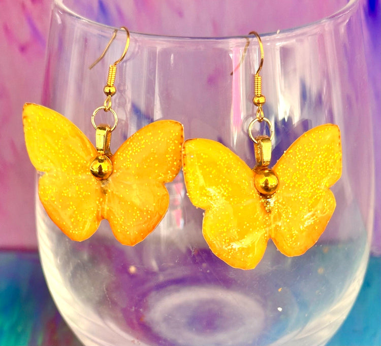 Orange Barred Sulphur Butterfly earrings. Yellow earring's with gold gem. Quirky yellow butterfly earrings. Unique to flutterframes.