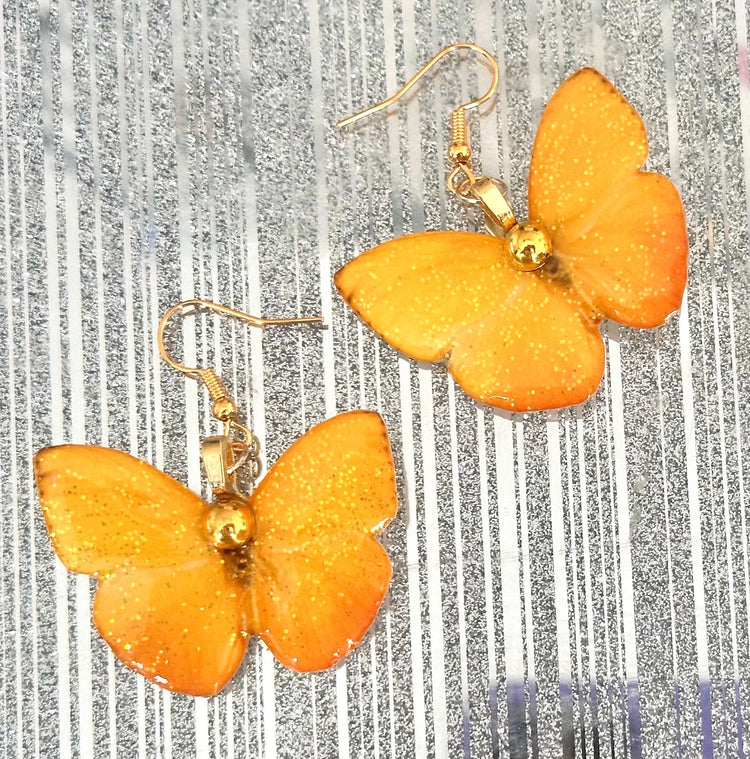Orange Barred Sulphur Butterfly earrings. Yellow earring's with gold gem. Quirky yellow butterfly earrings. Unique to flutterframes.