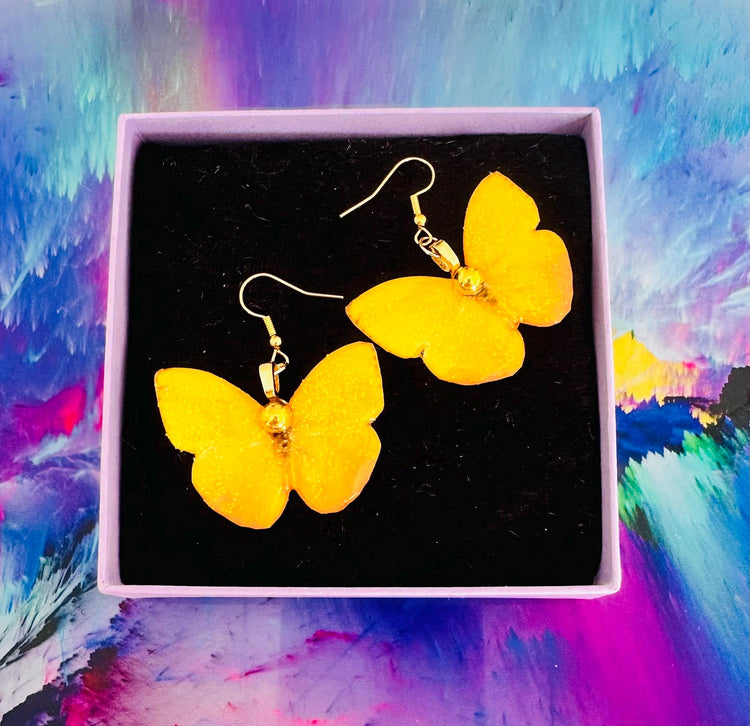 Orange Barred Sulphur Butterfly earrings. Yellow earring's with gold gem. Quirky yellow butterfly earrings. Unique to flutterframes.