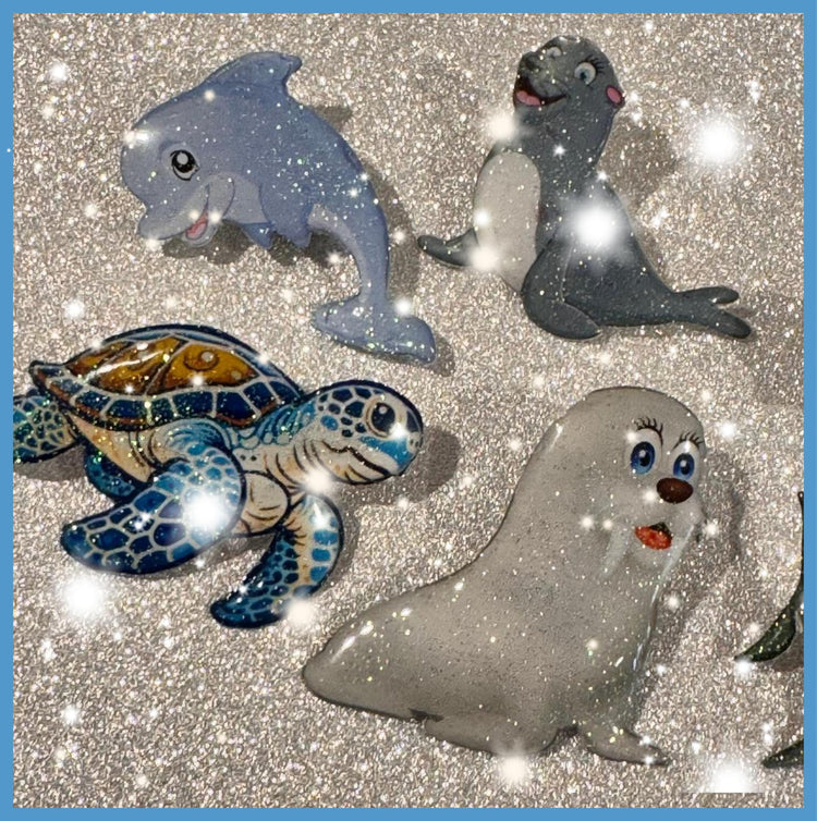 sea creatures recycled Dolphin, turtle, Walrus, Seal pins