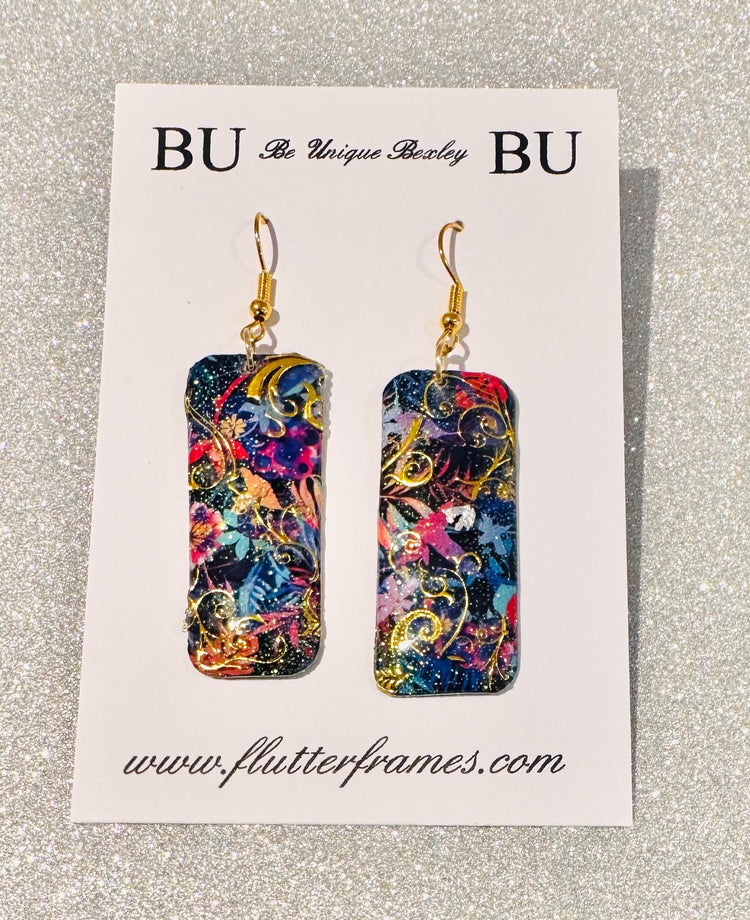 blue dangle earrings Tin earrings.Floral with birds Recycled tin can