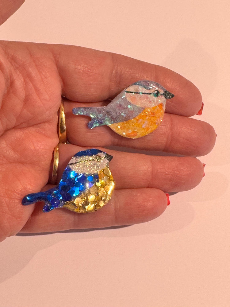Bluetit enamel Pin made from recycled tin cans and chunky glitter. Handmade Blue Bluetit pin brooch- lapel-badge