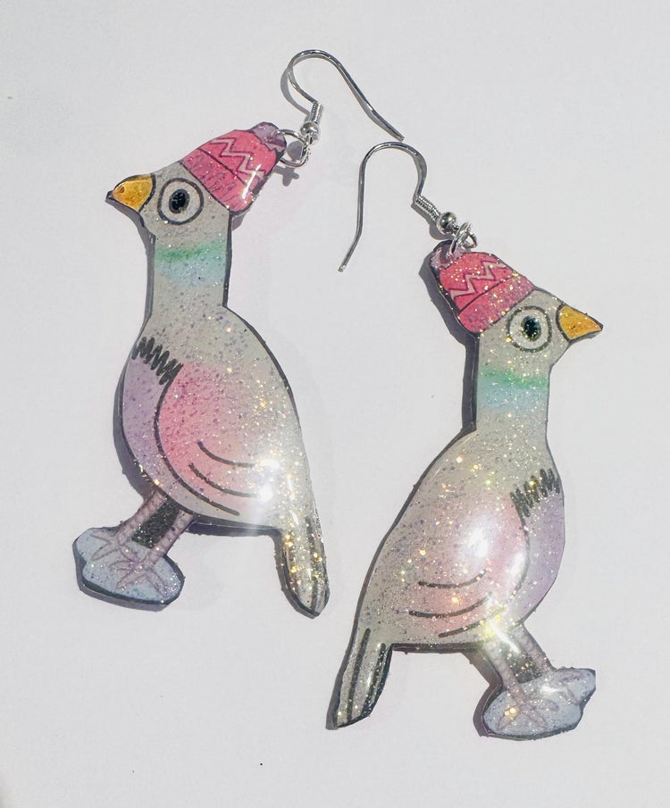 Funky Pigeon earrings unique. save the pigeon