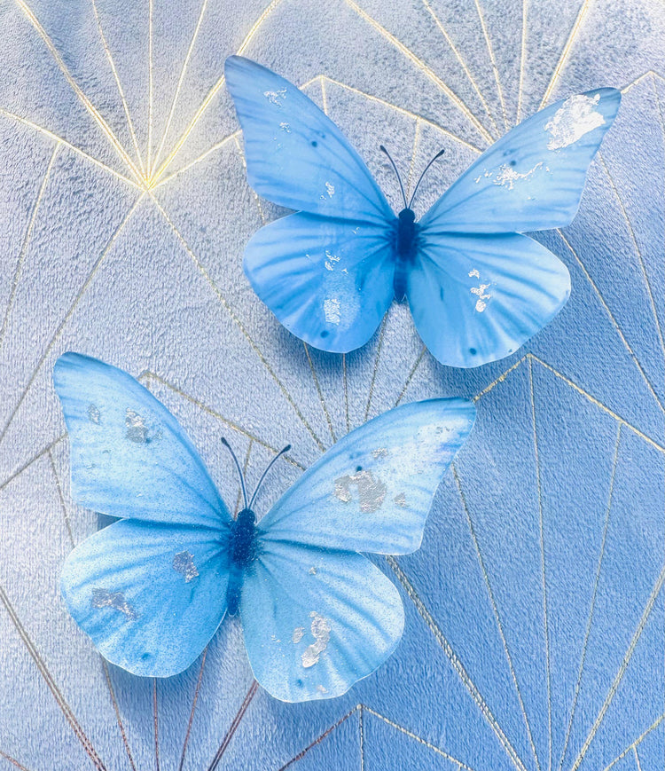 4 very pretty wedding Butterflies.Blue,pink,lilac and white with silver leaf added. Handmade wedding butterflies.Nursery decor.baby's room.