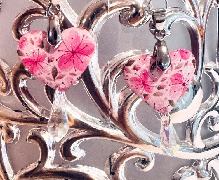 Small Pink heart floral drop earrings.