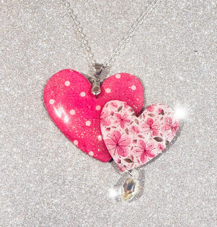 Pink heart pendant. Polka dot and floral heart necklace.Pink wonky heart 10th anniversary gift