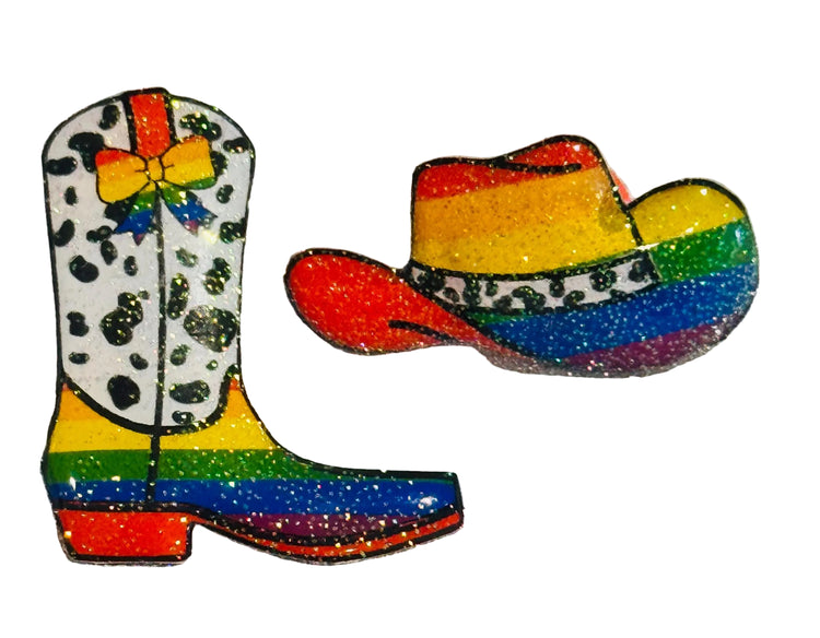 Cowboy boot and hat rain enamel rainbow pin