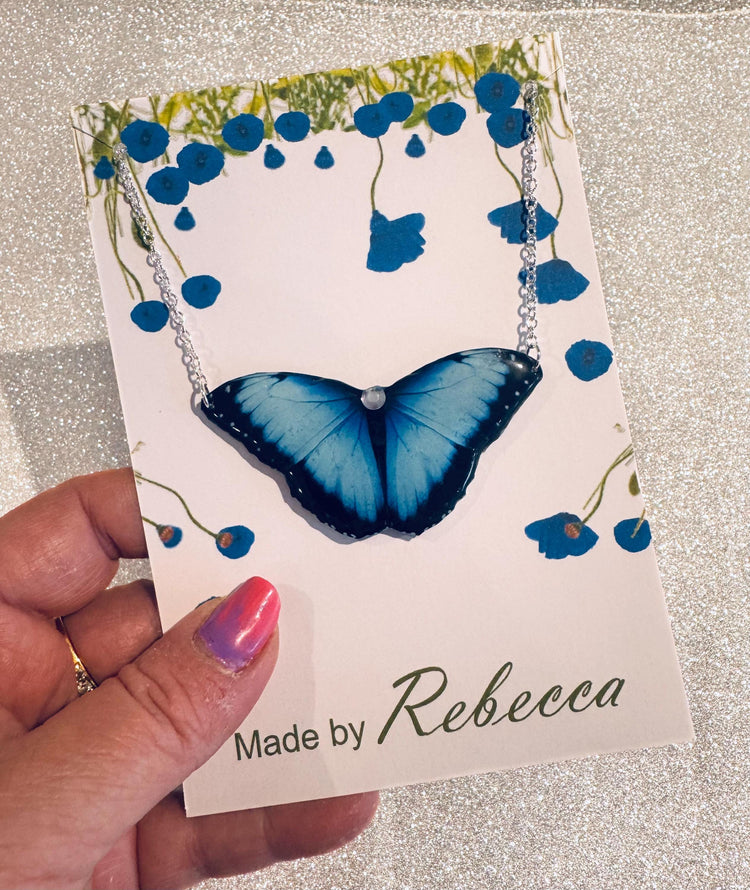 Blue Morpho Butterfly necklace recycled from tin cans