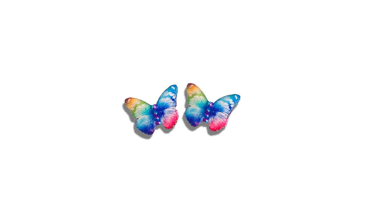 Very pretty, glittery colourful butterfly stud earrings. Blue,pink and purple.Unique to Flutterframes. Beautiful butterflies from soda cans