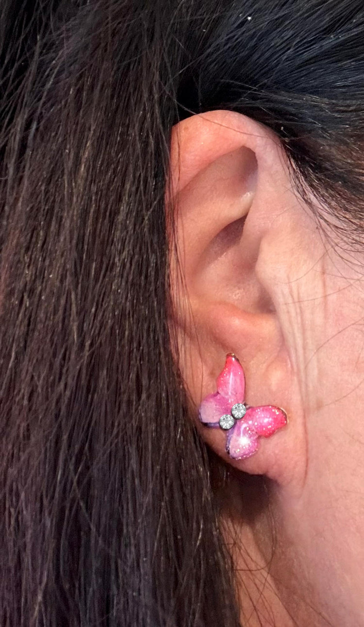 Pretty pink butterfly stud earrings. Handmade